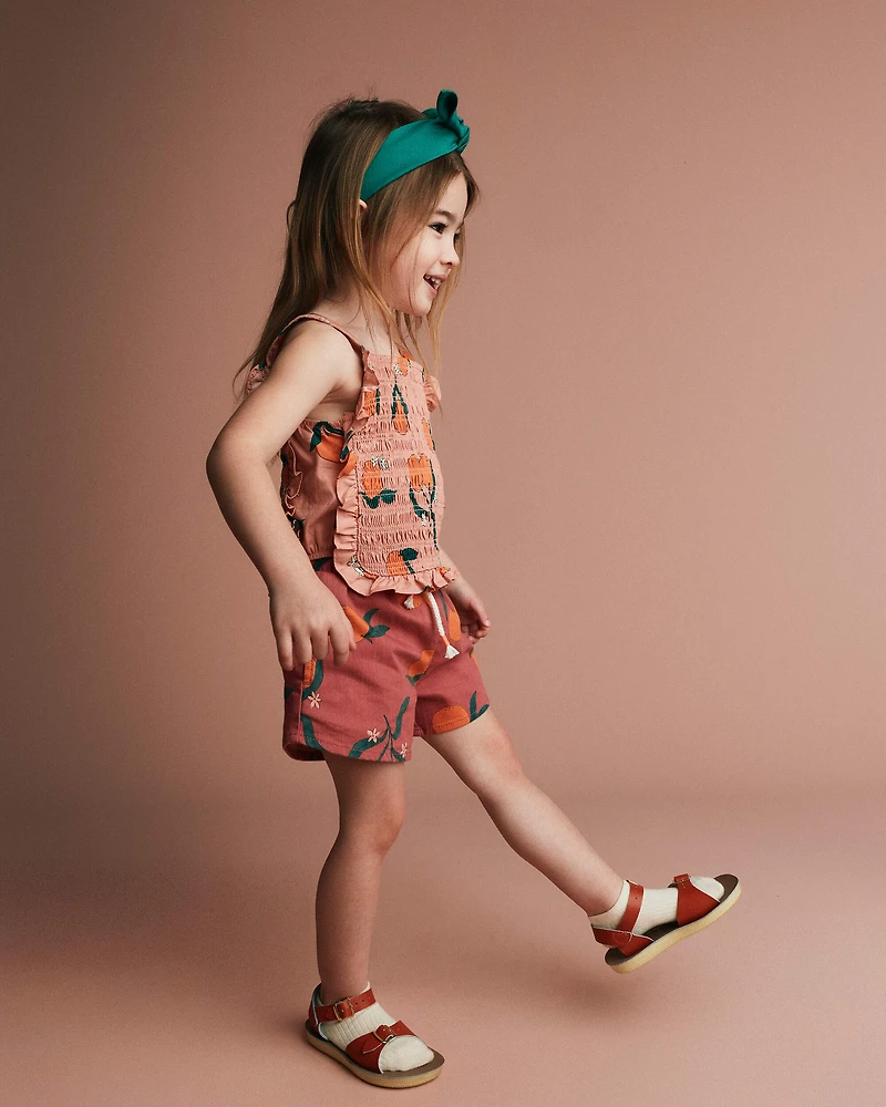 Toddler Girl Smocked Bib Top Clementine Grove Print - Peach