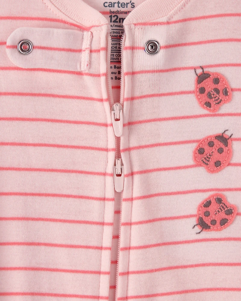Baby Girl Ladybug Striped 100% Cotton Snug Fit 1-Piece Pyjama Set - Pink