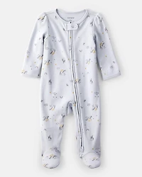 Baby Girl Unicorn Star Print 100% Cotton Long-Sleeve 2-Way Zip Sleeper - Blue