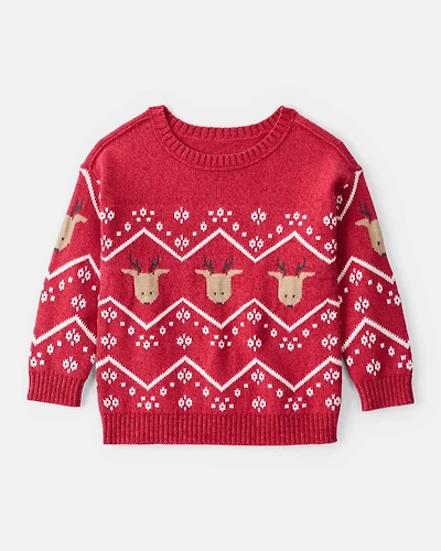 Toddler Boy Christmas Reindeer Fair Isle Cotton Long-Sleeve Sweater - Red