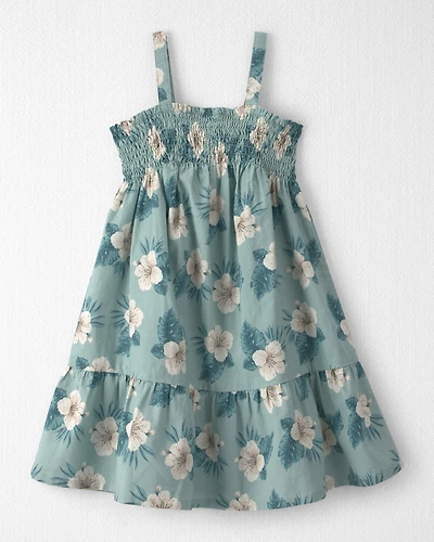 Girls  Smocked Linen Dress Made with Organic Cotton Blue Hibiscus
