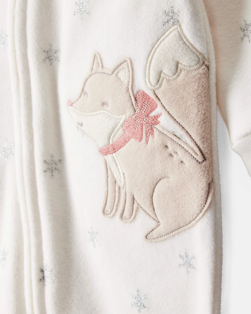 Baby Girl Fox Sparkle Print Loose Fit Long-Sleeve Sleeper - White