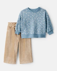 Baby Girl 2-Piece Bow Crewneck and Corduroy Wide Leg Pants