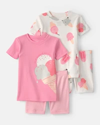 Baby Girl Ice Cream 100% Cotton Short-Sleeve Snug Fit 4-Piece Pyjama Set - Pink/Ivory