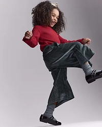 Toddler Girl Velvety Wide-Leg Pant with Bow - Dark Green