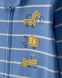 Baby Boy Construction Striped 100% Cotton Snug Fit 1-Piece Pyjama Set - Blue