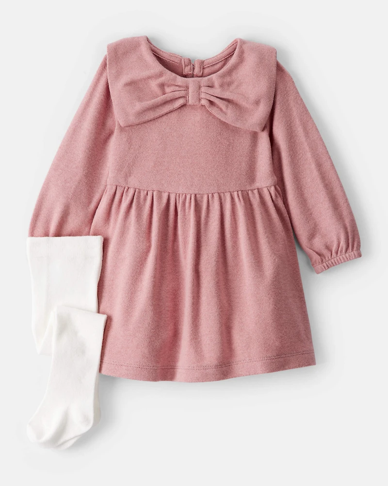 Baby Girl Bow Collor Long-Sleeve Dress Set - White/Pink