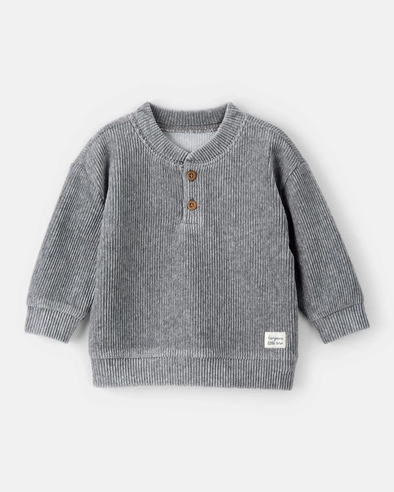 Baby Boy Ribbed Velour Pullover Sweatshirt - Grey