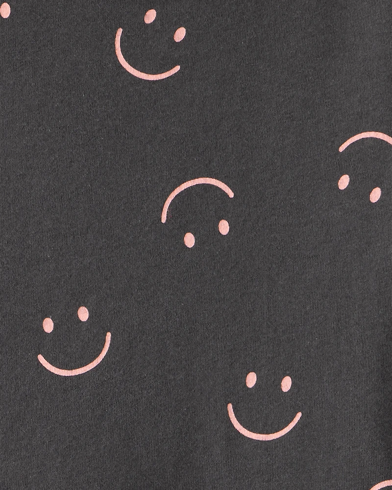 Girls Smile Print Long Sleeve Cotton Dress - Black