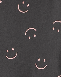 Girls Smile Print Long Sleeve Cotton Dress - Black