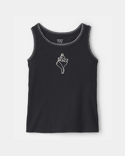 Girls Shell Embroidered Rib Tank Top - Black