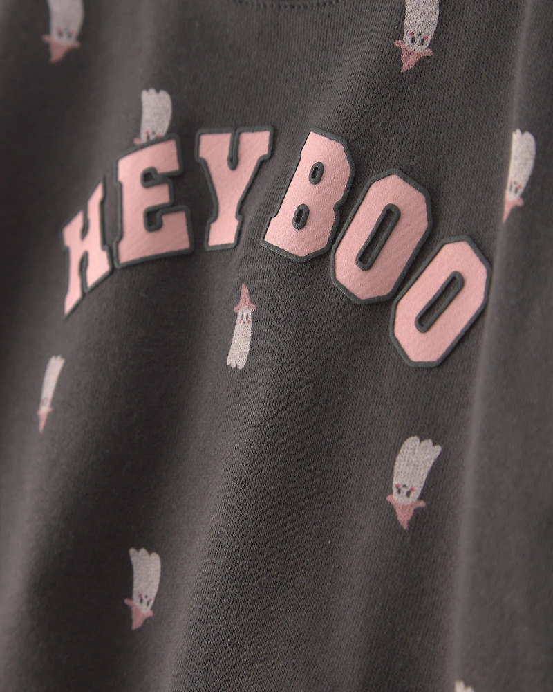 Baby Girl 'Hey Boo' Ghost French Terry Long-Sleeve Top & Pant Set - Black