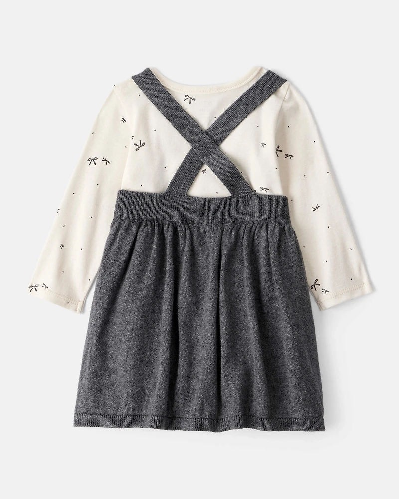 Baby Girl Bow Print Cotton Long-Sleeve Dress Set - White/Grey