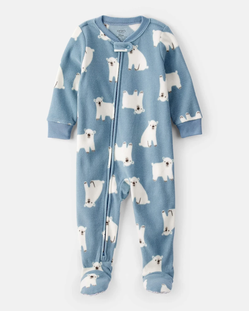 Baby Boy Polar Bear Print Loose Fit Long-Sleeve 2-Way Zip 1-Piece Pyjamas - Blue