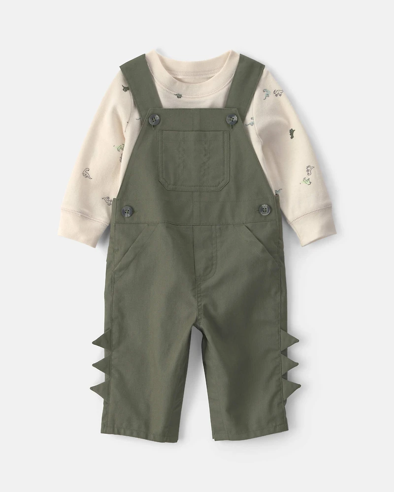 Baby Boy 2-Piece Dinosaur Long-Sleeve Overall Set - Olive Green