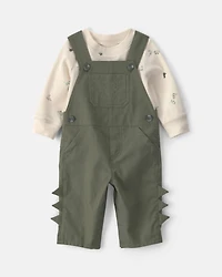 Baby Boy 2-Piece Dinosaur Long-Sleeve Overall Set - Olive Green