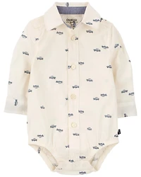Baby White Truck Print Button-Front Bodysuit