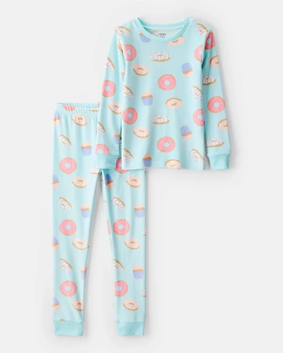 Girls Donut Print DreamPlush Long-Sleeve Snug Fit 2-Piece Pajamas - Blue