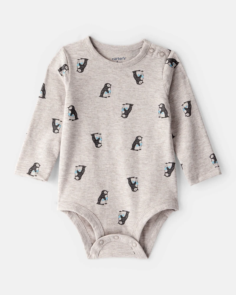 Baby Penguin Print Long-Sleeve Graphic Bodysuit - Grey