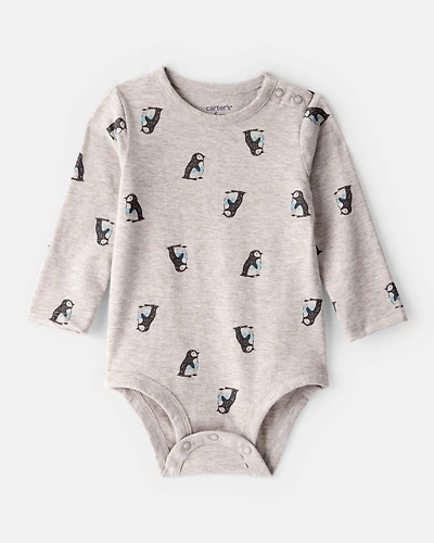 Baby Penguin Print Long-Sleeve Graphic Bodysuit - Grey