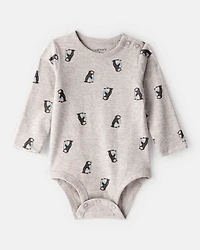 Baby Penguin Print Long-Sleeve Graphic Bodysuit - Grey