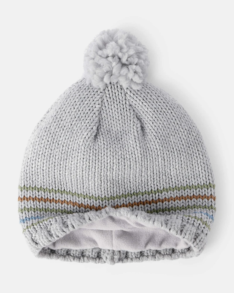 Baby Boy Striped Pom Winter Hat - Grey