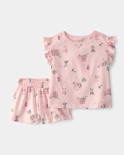 Toddler Girl 2-Piece Flower Truck Top & Short Set - Pink