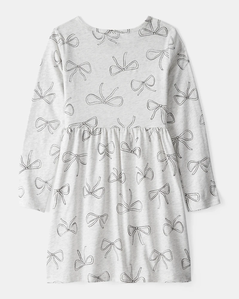 Girls Bow Print Long Sleeve Cotton Dress - Grey