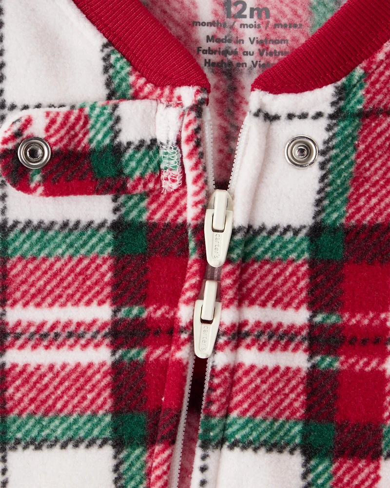 Baby Plaid Print Fleece Long-Sleeve Loose Fit 1-Piece Pajamas