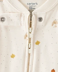 Toddler Thanksgiving Print 100% Cotton Long-Sleeve 2-Way Zip Footed 1-Piece Pyjamas - White