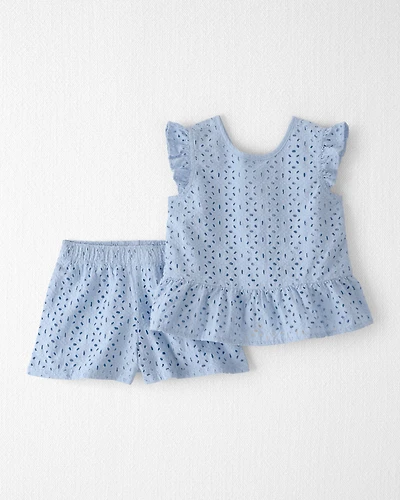 Toddler Girl 2-Piece Organic Cotton Top & Short Set Blue Eyelet