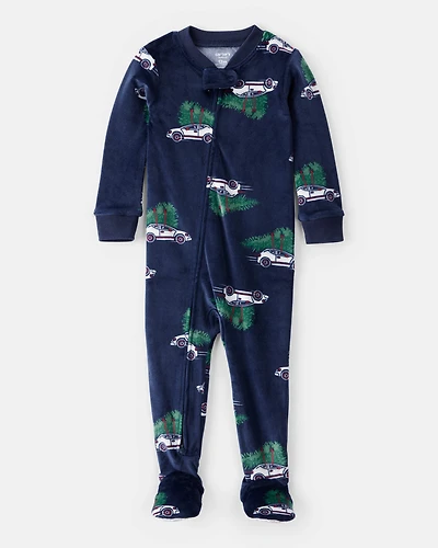 Baby Boy Car Print Velour Long-Sleeve Loose Fit 1-Piece pyjamas - Navy
