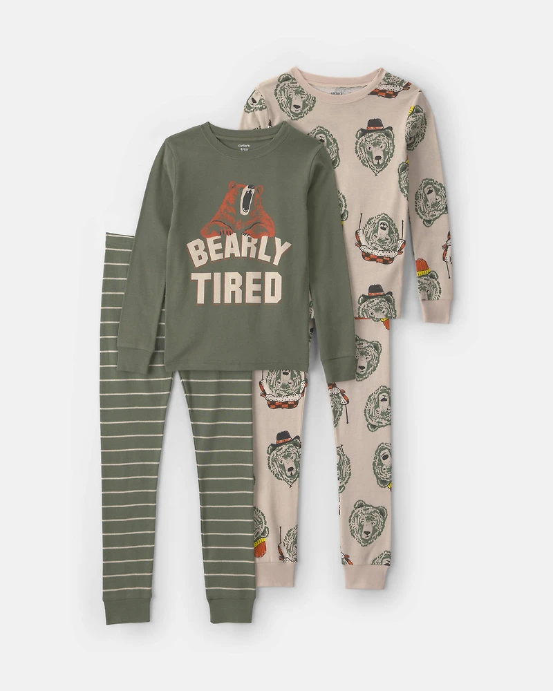 Boys 4-Piece 'Bearly Tired' 100% Cotton Snug Fit Pyjama Set - Green/Cream