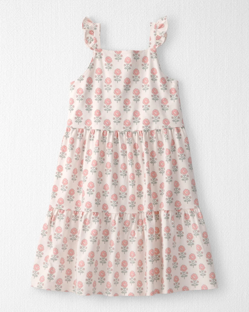 Girls Organic Cotton Tiered Dress Rosebud Petal Print