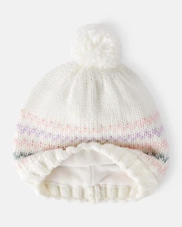 Baby Girl Striped Pom Winter Hat - White