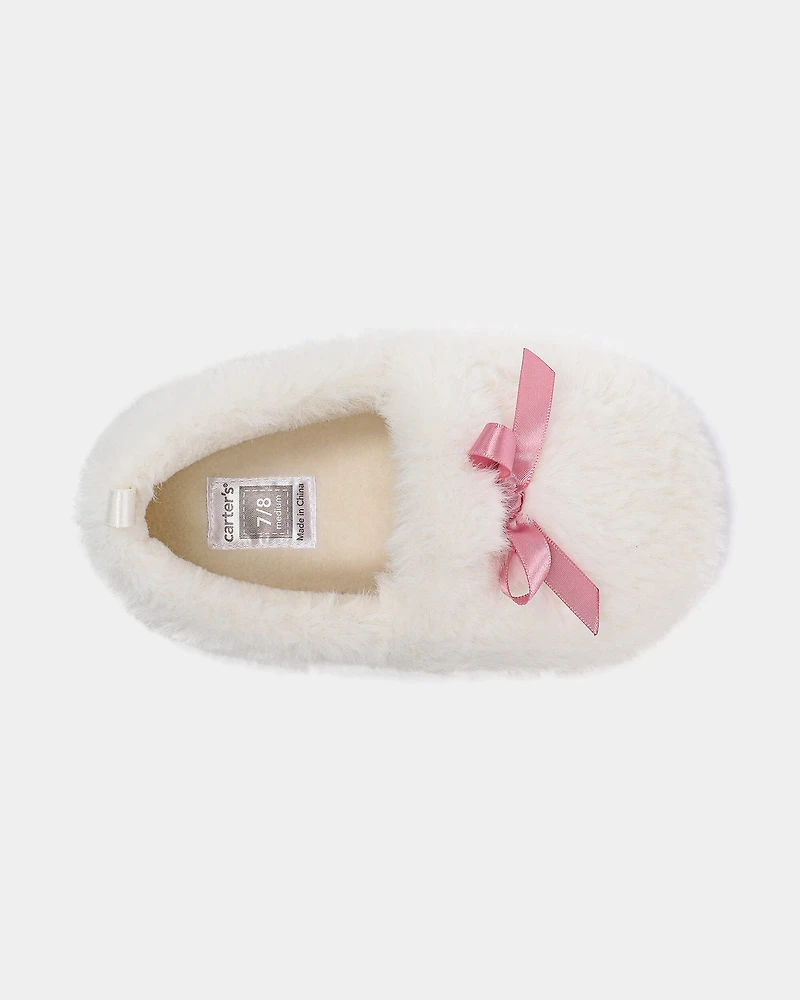 Girls Fuzzy Bow Slippers - Cream/Pink