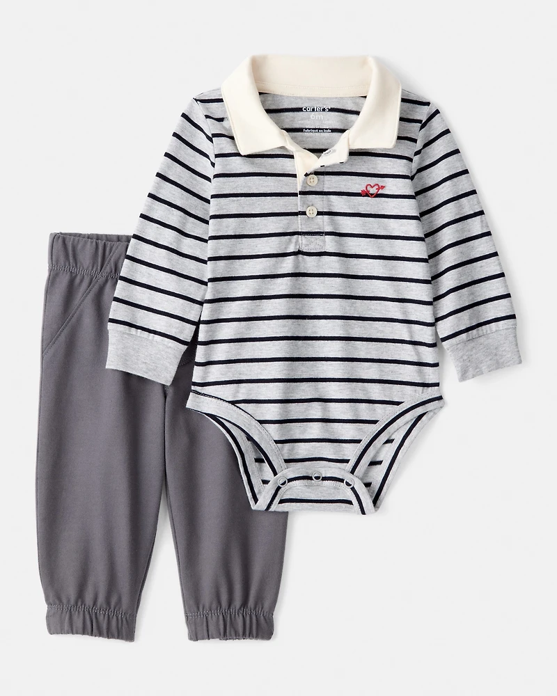 Baby Boy 2-Piece Striped Bodysuit & Pant Set - Grey
