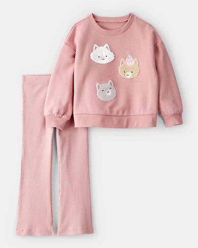 Toddler Girl Cat Pullover & Pant Set - Pink