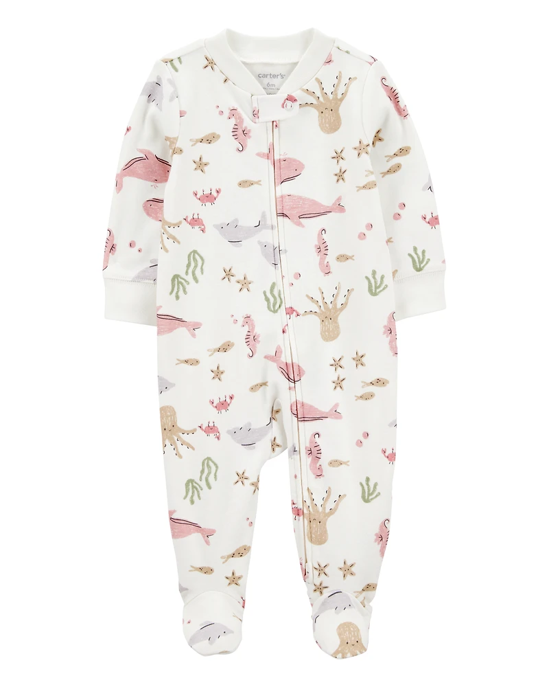 Baby Girl Aquatic Animals Print 2-Way Zip Cotton Sleeper Pyjamas - Ivory