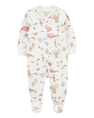 Baby Girl Aquatic Animals Print 2-Way Zip Cotton Sleeper Pyjamas - Ivory