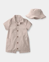 Baby Boy 2-Piece Solid Canvas Short-Sleeve Romper Set - Brown