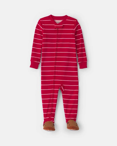 Baby Boy 1-Piece Moose Striped 2-Way Zip DreamPlush Snug Fit Footed Pyjama - Red