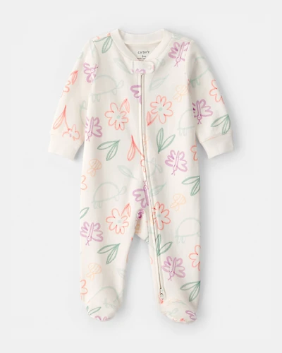 Baby Girl Spring Floral 2-Way Zip 100% Cotton Sleeper - Ivory
