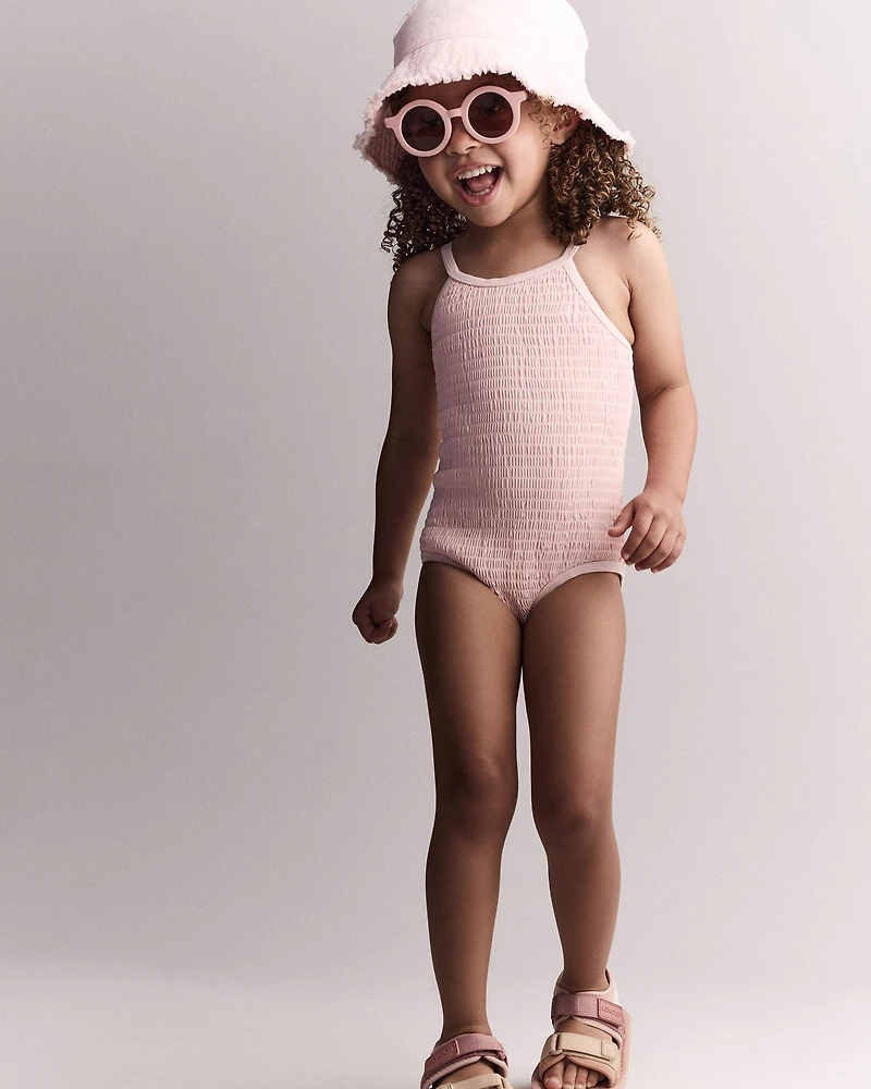 Toddler Girl Smocked One-Piece Swimsuit - Light Pink
