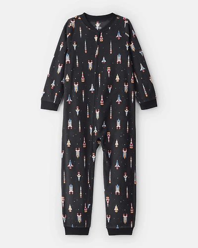Boys Rocket Ship Print Fleece Long-Sleeve Loose Fit 1-Piece Pajamas - Black