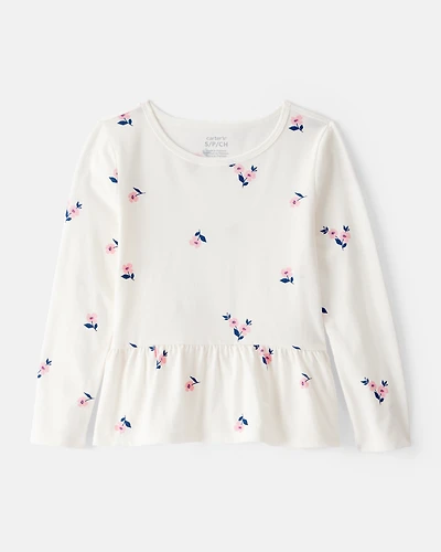 Girls Floral Long-Sleeve Peplum Top - Ivory