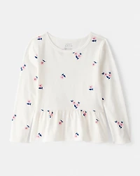 Girls Floral Long-Sleeve Peplum Top - Ivory