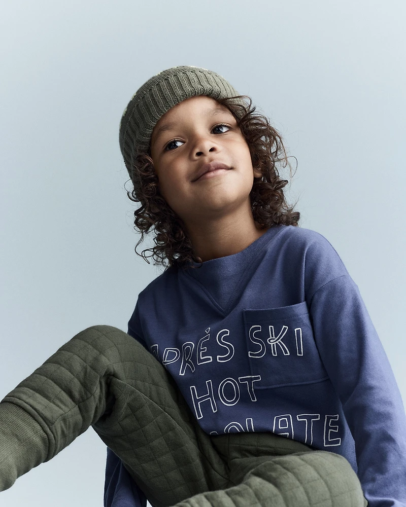 Toddler Hot Cocoa Club' Long-Sleeve Pocket Relaxed Graphic Tee - Dark Blue