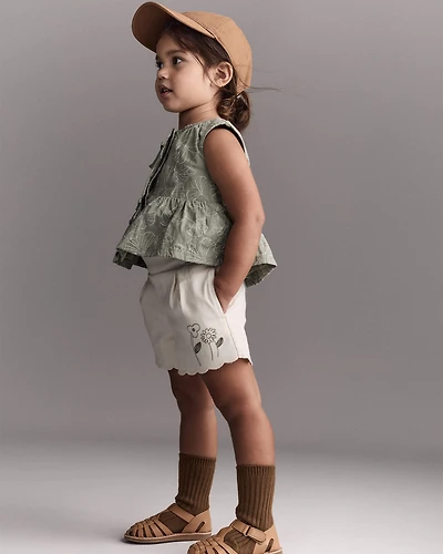 Toddler Girl Floral Scalloped Short - Cream