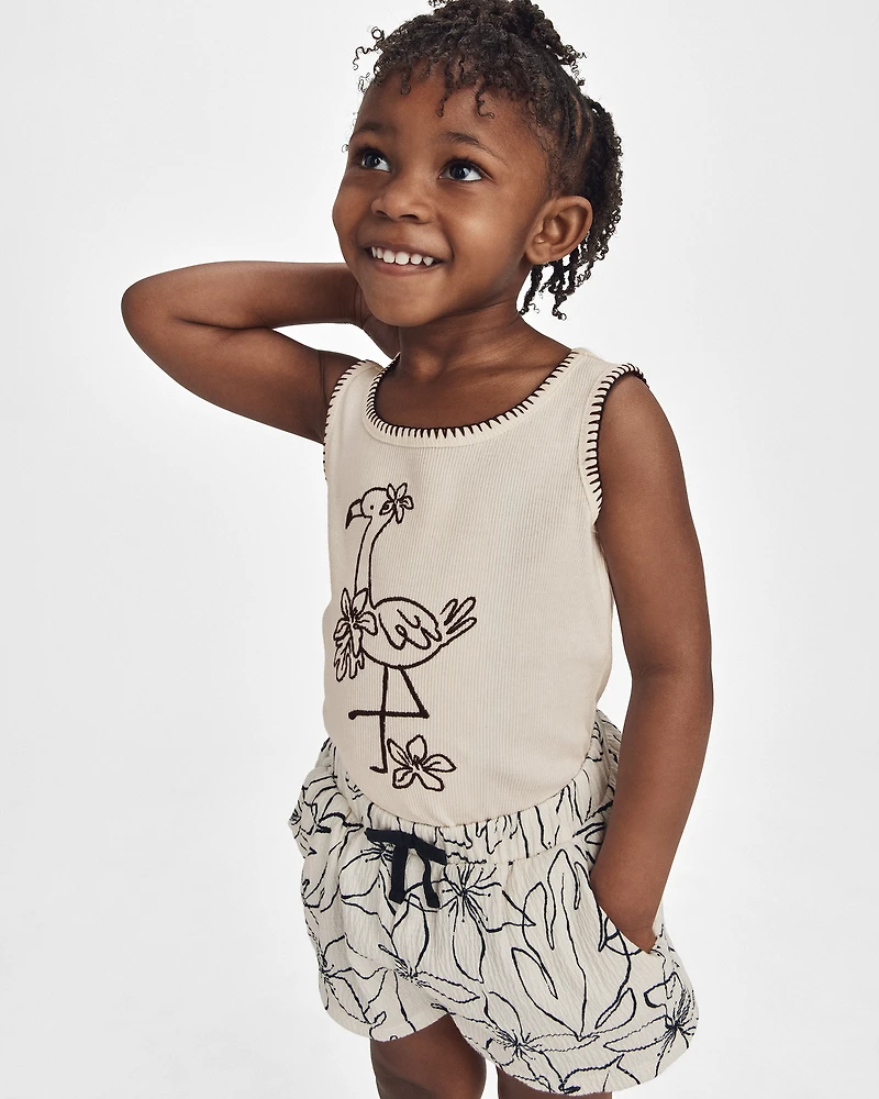 Toddler Girl Floral Crinkle Shorts - Cream